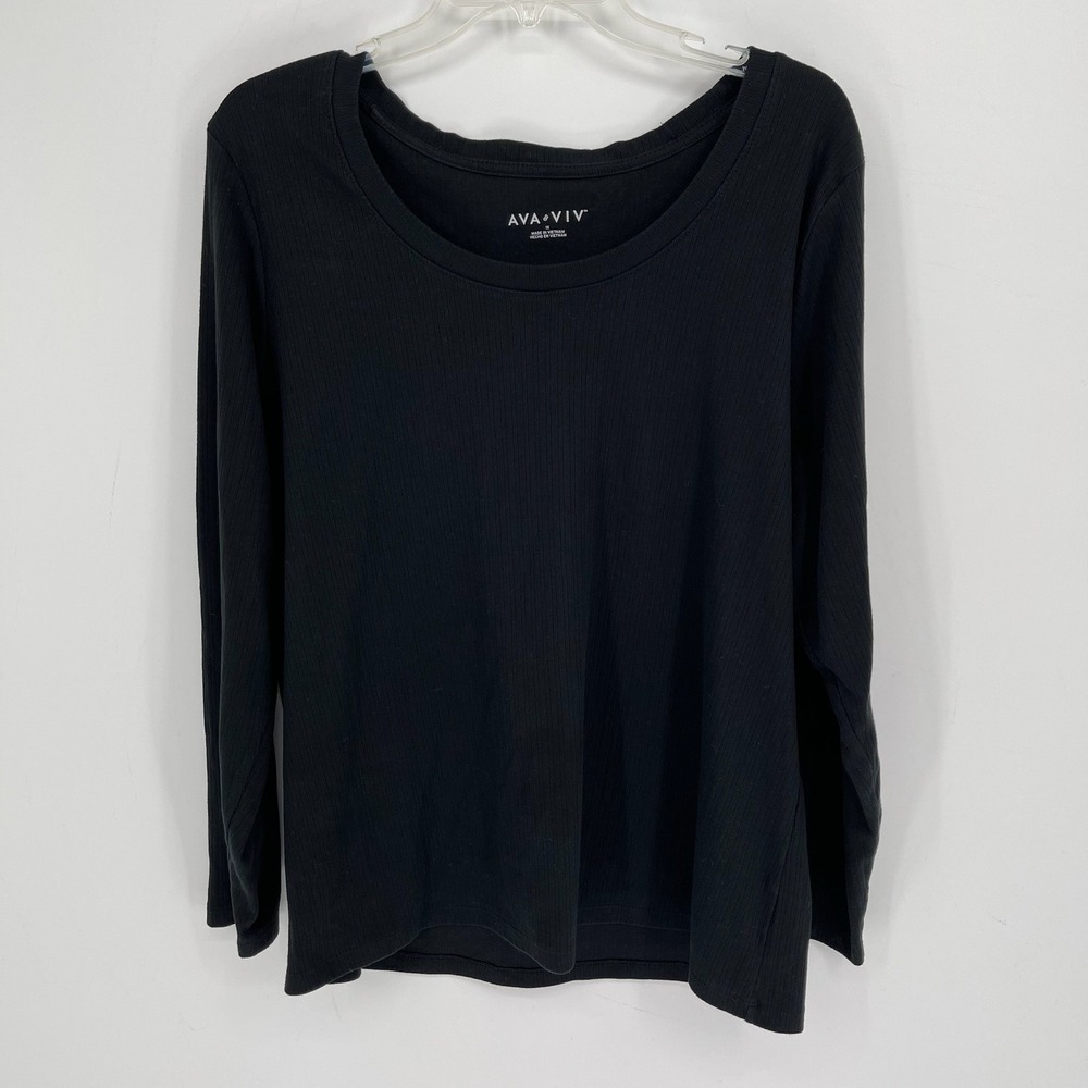 Ava & Viv Women's Black Ribbed Stretch Scoop Neck Long Sleeve‎ Top Plus Size 1X